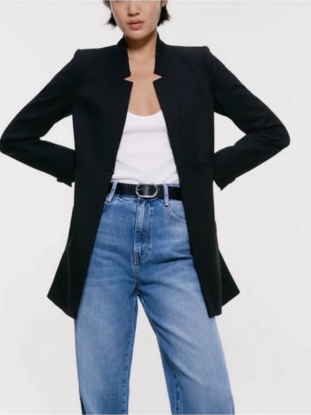 Zara Black Collarless Open-Front Blazer Jacket; fits M
